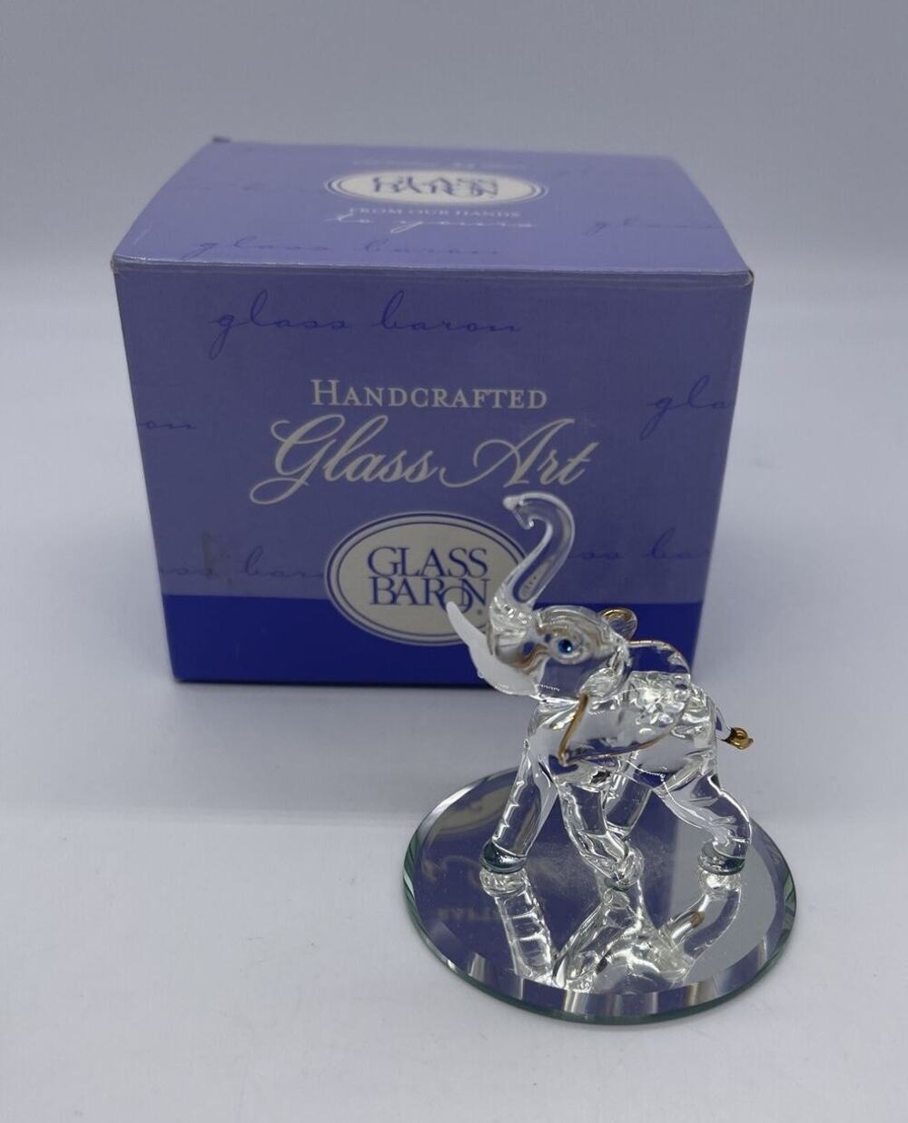 Glass Baron Decorative Mini Elephant Figurine Clear Glass w/ Gold Trim S2 170-K